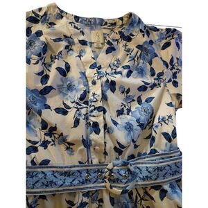 Joie Floral Dress Blue and White Balloon Sleeves Cotton Pockets Belt‎ Womens Ten